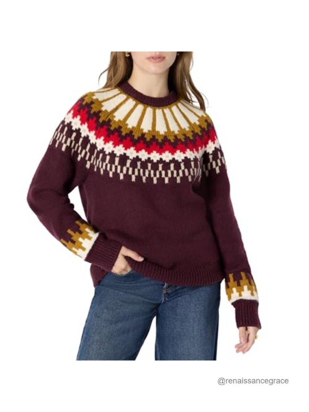Oversized Fair Isle Crewneck Sweater Cotton Blend Raglan Sleeve